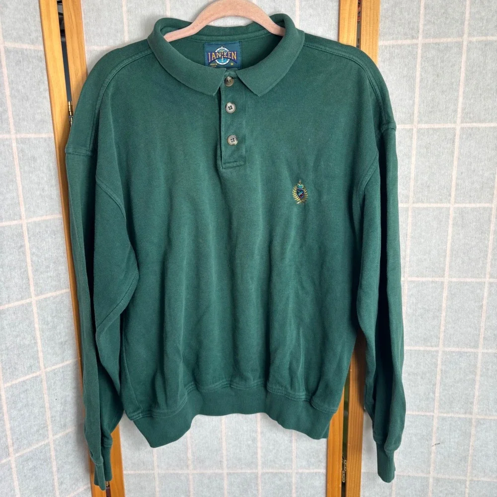 Vintage Jantzen Mens Green Long Sleeve Polo‎ Sweatshirt Made in USA Size M FLAW
